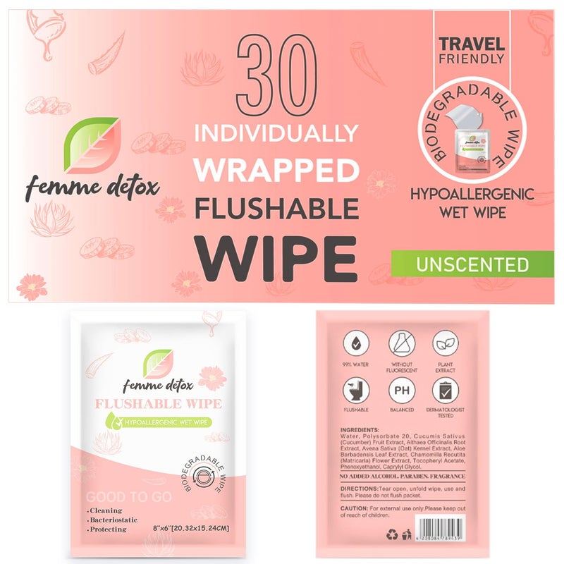 USTAR 30 Count Flushable Feminine Wipes pH-Balanced & Unscented for Sensitive Skin | Individually Wrapped, Septic-Safe, Aloe-Infused | Travel & Home Use - Image 1